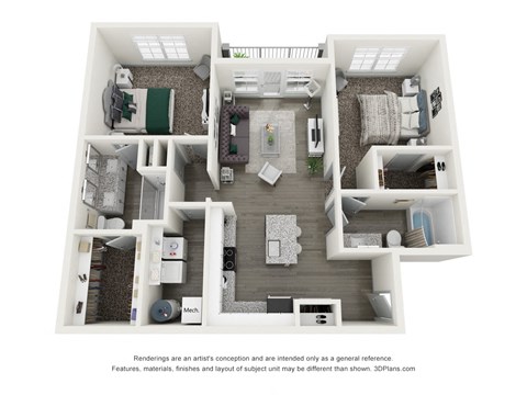 Floor plan for 2 beds, 2 baths, 1083 sqft